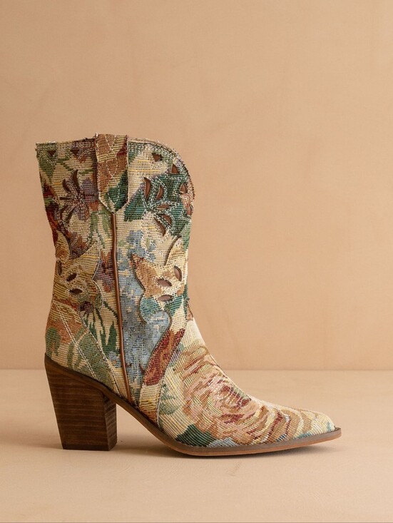 Oasis Society Shoes - Boho Floral Tapestry Western Ankle Boots Pointed Toe Block Heel Booties